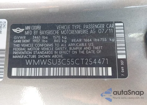 2012 Mini Cooper из США, поврежденный, VIN WMWSU3C55CT254471